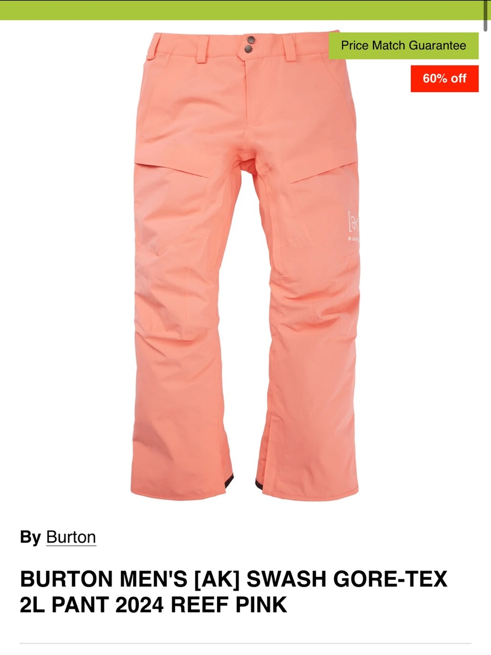 Burton AK Swash Men's Reef Pink Snow Pants size small 2L